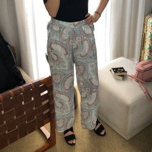 joie silk lined wide leg boho pants. paisley pattern. breezy green blue white